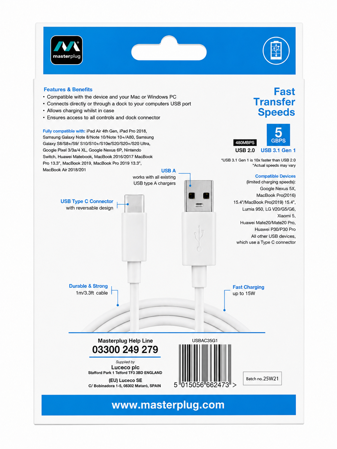 Masterplug USB-A to USB-C Cable 1m | USB 3.1 Gen 1 | 5Gbps Data Transfer | 15W Fast Charging | White