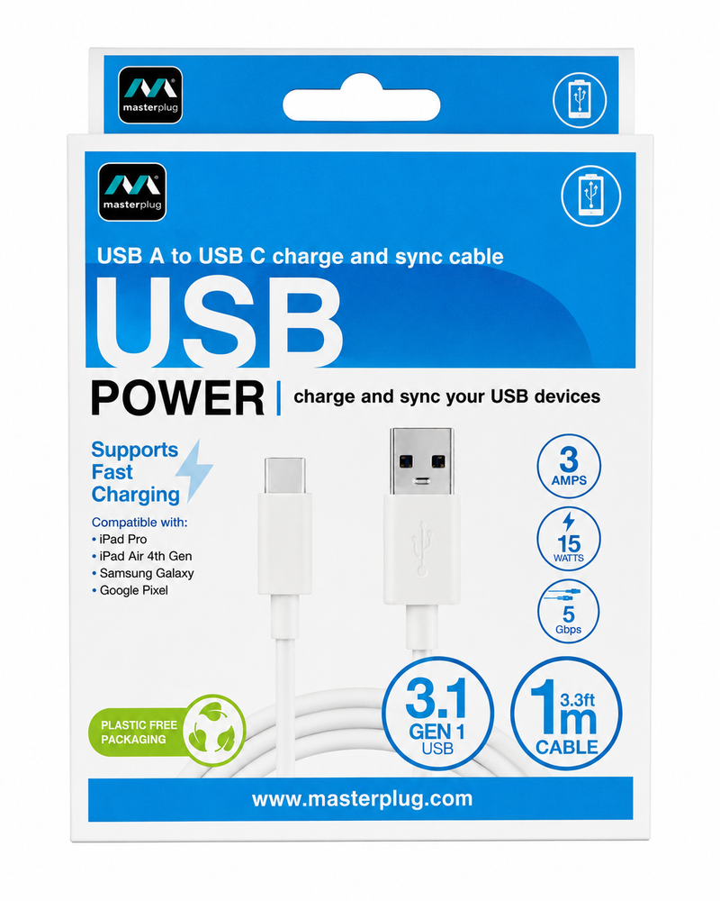 Masterplug USB-A to USB-C Cable 1m | USB 3.1 Gen 1 | 5Gbps Data Transfer | 15W Fast Charging | White