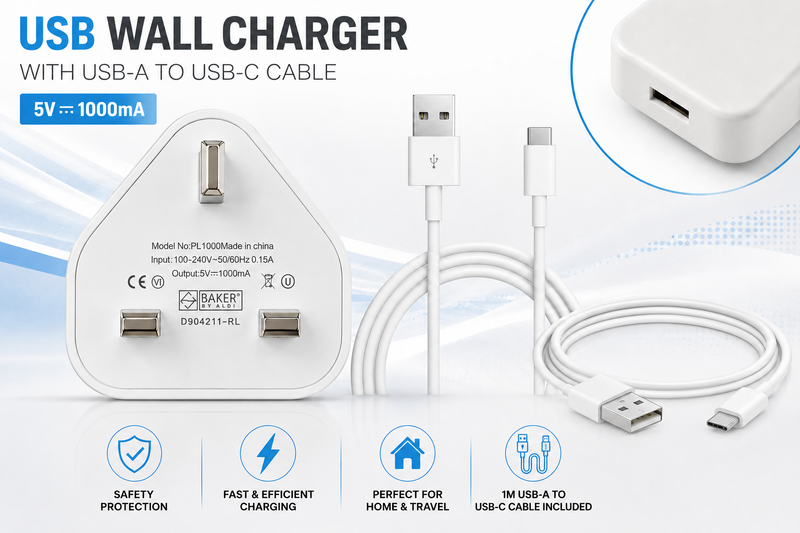 1 Metre USB-A to USB-C Charging Cable & UK 3-Pin USB Wall Plug – White